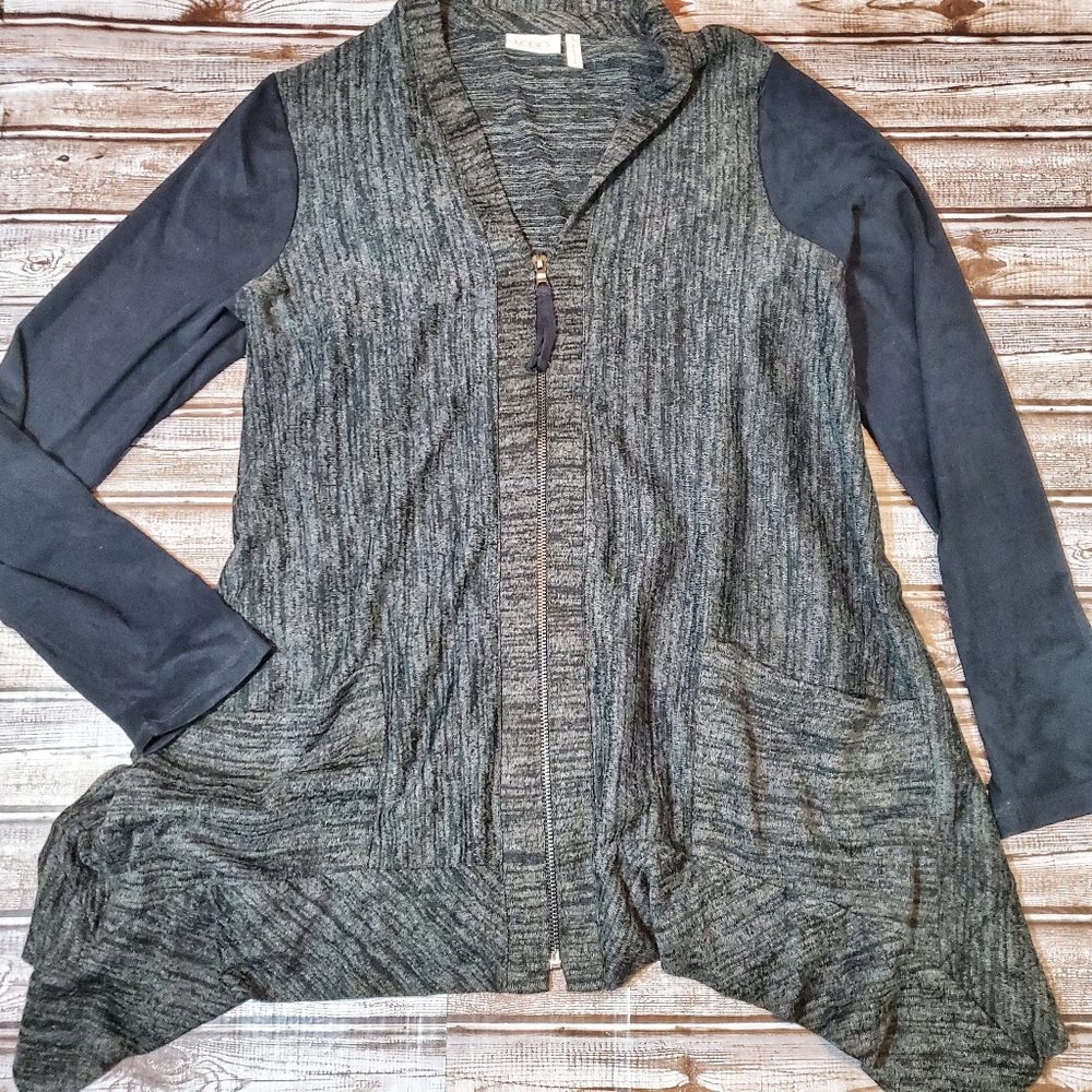 LOGO Grey Marled Zip Up Cardigan with Black Faux Suede S
